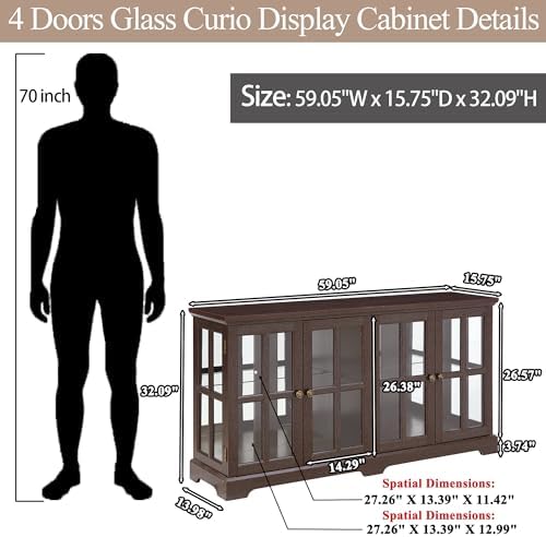 59" Glass Curio Display Storage Cabinet, 4 Doors LED Light Multipurpose - Image 2