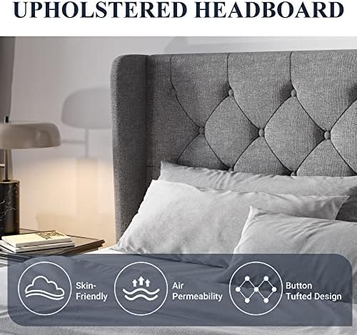 Allewie Queen Bed Frame with Button Tufted Wingback Headboard, Light Grey - Image 4