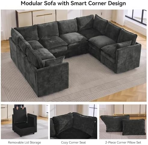 105" Dark Grey Oversized Modular Storage Sofa, U Shaped Chenille Couch - Image 6