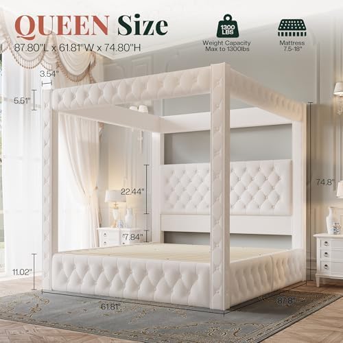 Jocisland Queen Canopy Bed Frame Velvet Upholstered Headboard - Image 2