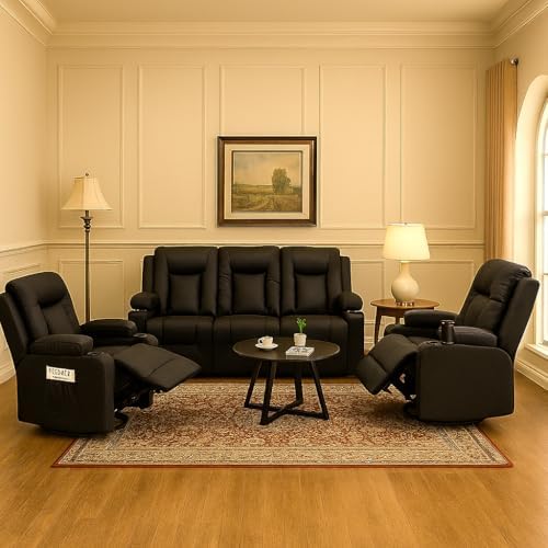 LUCKLIFE Faux Leather Recliner Sofa Set, Manual Living Room Furniture Sets by Unknown