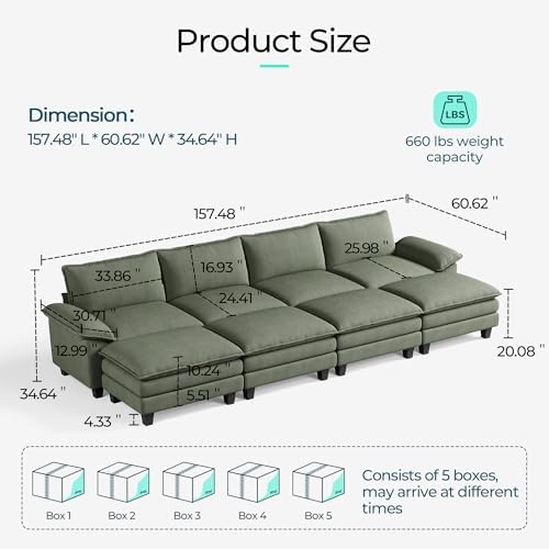 LINSY HOME 157'' Modular Sectional Sofa 4 Seat Couch Corduroy Cloud Couch - Image 2