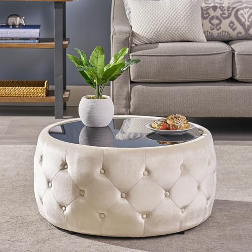30" Round Velvet Ottoman Coffee Table, Button Tufted Coffee Table by Unknown