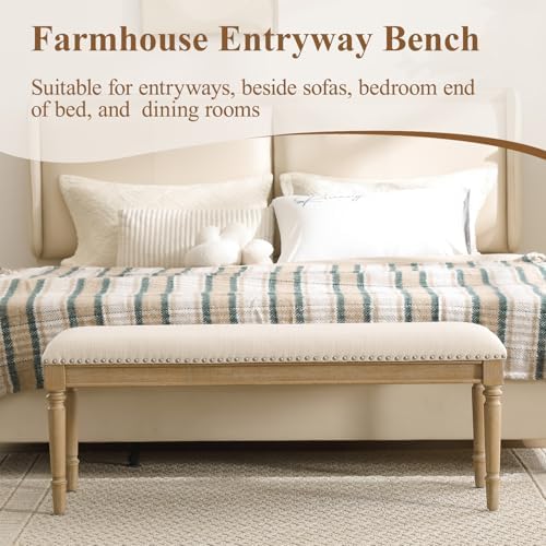 46'' French Country Entryway Bench Wooden Linen Fabric Upholstered Seat Dinng - Image 6