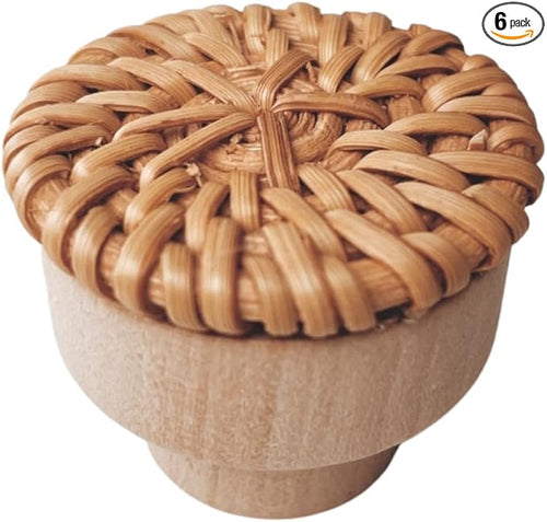 6pc Boho Rattan Knobs for Dresser, Cabinet; Handmade Boho Wicker Woven by BOHOIFY