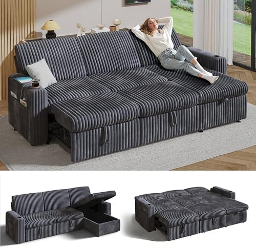 Sunny Heart 101" Plush Corduroy L Shaped Sectional Sleeper Sofa Bed by SunnyHeart