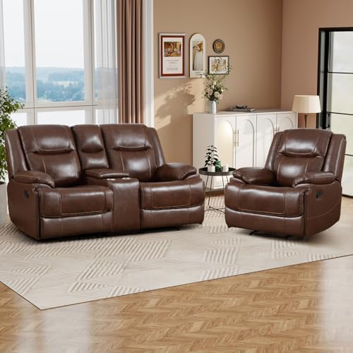 CANMOV Genuine Leather Manual Recliner Sofa Set by CANMOV