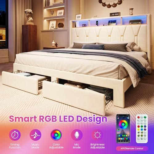 SHA CERLIN King Bed Frame, 2 Storage Drawers & 2-Tier Storage Headboard - Image 4