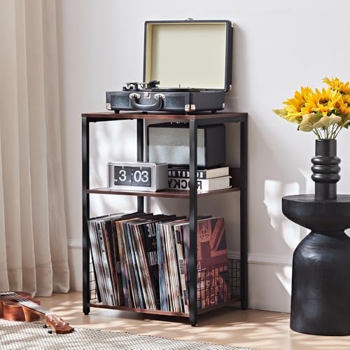LELELINKY Walnut Oak 18" Wide End Table, 3 Tier Large Record Player Stand - Image 3