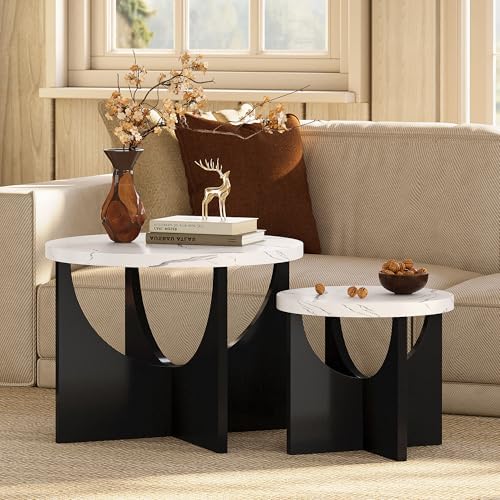 LIKIMIO Nesting Coffee Tables Set of 2, 23.6" Small Tables, Marble White - Image 3