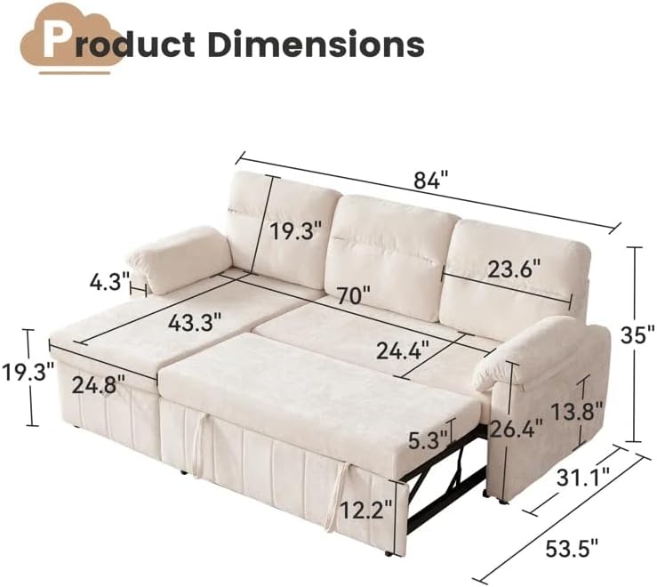 Tbfit 84" Pull Out Sofa, 3 in 1 Sleeper Sofa Couch - Image 2