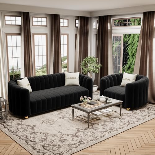 2-Piece Black Velvet Tufted Sofa Set by yunqishiHOME