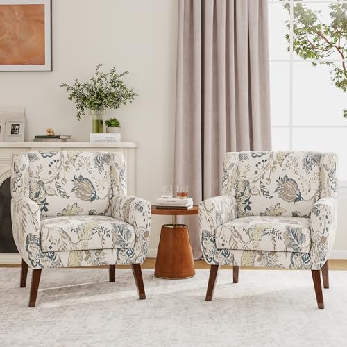 Accent Chairs Set of 2, Upholstered Armchair in Linen, Pattern Leaf - Image 3