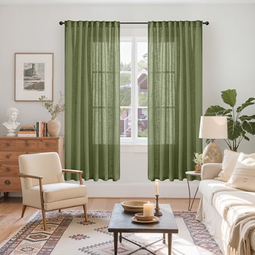YoungsTex Olive Green Linen Semi Sheer Curtains 72 Inch Length - Image 2