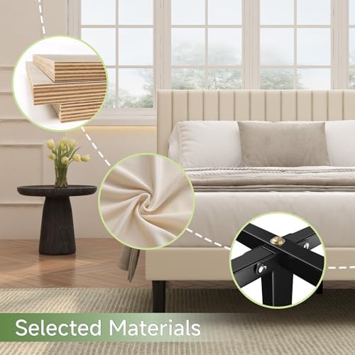 Queen Velvet Bed Frame with Vertical Channel Tufted Headboard Beige - Image 5