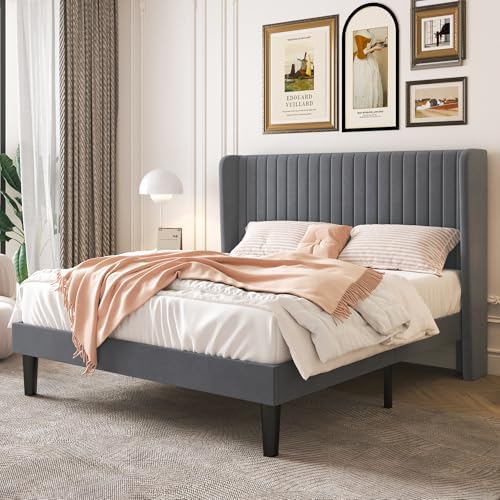 SHA CERLIN Full Size Velvet Bed Frame, Tufted Wingback Headboard by SHACERLIN