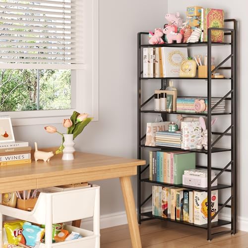 JSB No Assembly Folding Bookshelf, 6 Tier Industrial Metal Book Shelf - Image 2
