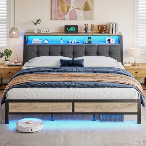 Homkdom King Bed Frame with Upholstered Headboard & Charging Station by ElevateYourHome%EF%BC%8CEnhanceEver