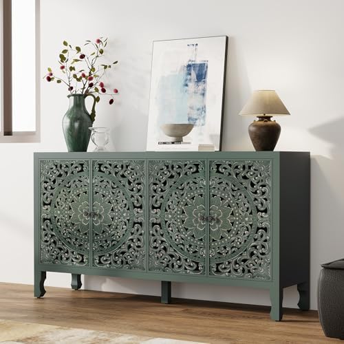 Buffet Cabinet with Storage, Accent Cabinet with 4 Carved Doors, Solid Wood - Image 6