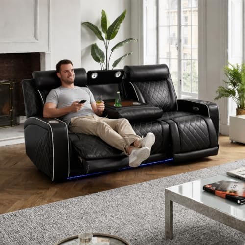 Power Recliner Set with LED Lights, Quilted Air Leather Reclining Set with USB - Image 2