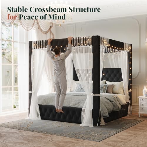 Jocisland Queen Canopy Bed Frame Velvet Upholstered Headboard - Image 6