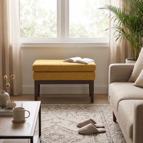 SIMPLIHOME Carlson 27" Wide Woven Fabric Rectangle Ottoman in Marigold - Image 4