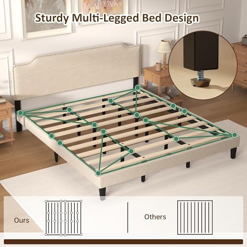 King Size Bed Frame with Upholstered Headboard, Wood Platform Bed with Soft - Image 6