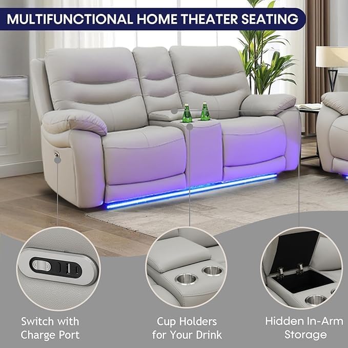 Power Recliner Sofa Set with LED Lights, Air Leather Reclining Sofa with Charge - Image 4