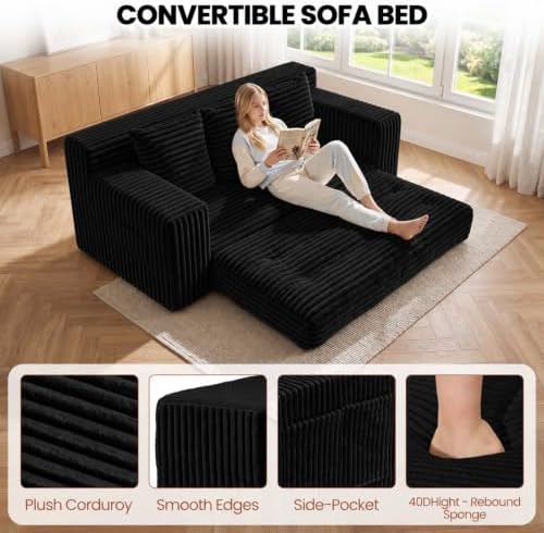 Convertible Sofa Bed, Small Boneless Couch, Corduroy 3 Seater Boneless Couch Bed - Image 5