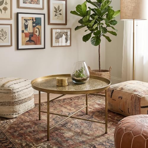 HOMCOM 24" Hammered Round Coffee Table Vintage Metal Side Table Gold - Image 7