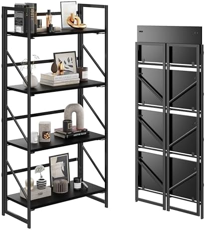 JSB No Assembly Folding Bookshelf, 4 Tier Industrial Metal Book Shelf by HomeFurniture