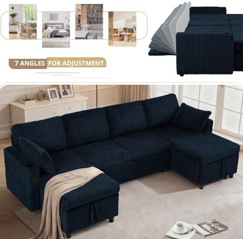 110" Corduroy Pull Out Sofa Bed w/Adjustable Backrests - Image 5