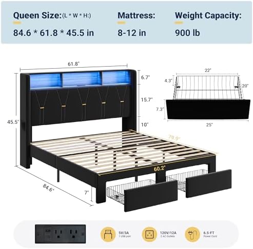 Allewie Queen Bed Frame with 2-Tier Storage Headboard, Charging Station & LED - Image 2