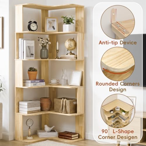 RUNSUNSPRI Tall Corner Bookshelf, 6-Tier Solid Wood L-Shaped Corner Shelf - Image 2
