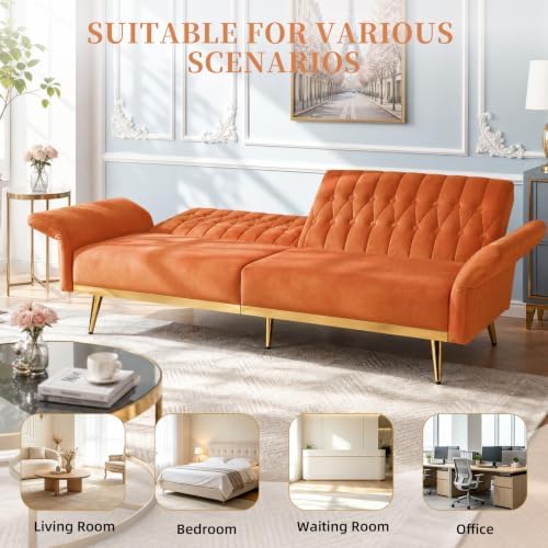 70” Velvet Futon Sofa Bed w/Adjustable Armrests - Image 6