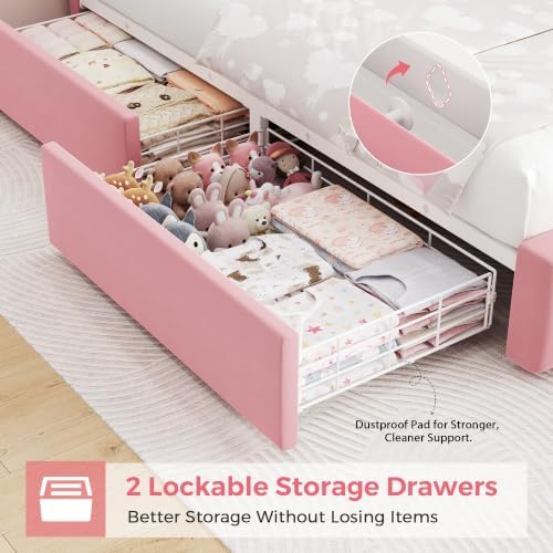 Twin Bed Frame with Storage Drawers and LED Lights, Velvet Upholstered Platform - Image 6