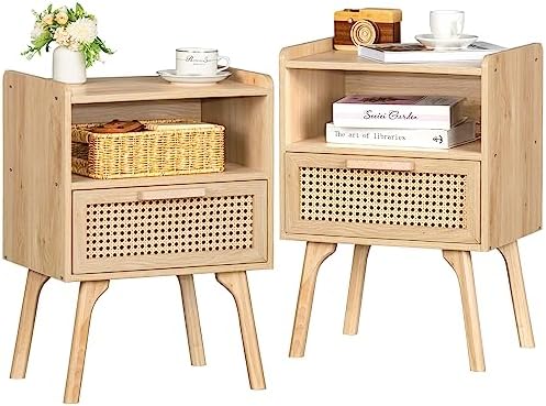 Lerliuo Rattan Nightstands Set of 2, Boho Side Table by Lerliuo