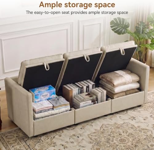 80" Beige Faux Leather Storage 3 Seater Sofa, Modular Sectional Cloud Sofa - Image 3
