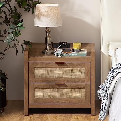 SICOTAS Night Stand with 2 Large Drawers : Rattan Bedside Table by SICOTAS