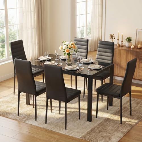 Gizoon Black 7 Piece Glass Dining Table Set, Kitchen Table by Gizoon