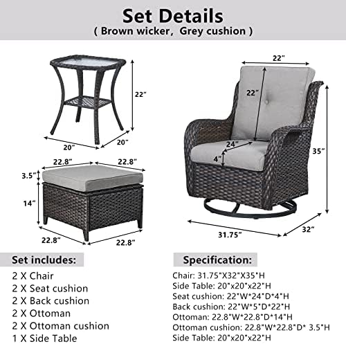 Belord 5 Piece Wicker Patio Furniture Set, Outdoor Swivel Rocker Chairs Set of 2 - Image 2