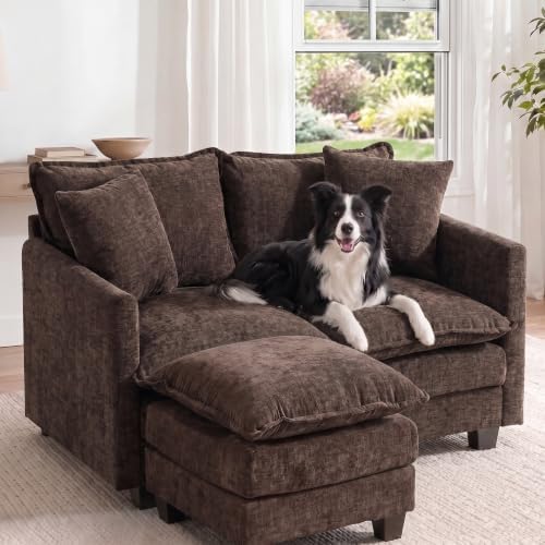 2-Seater Loveseat Sofa with Ottoman, Pet-Friendly Chenille, Washable Pillows by Unknown