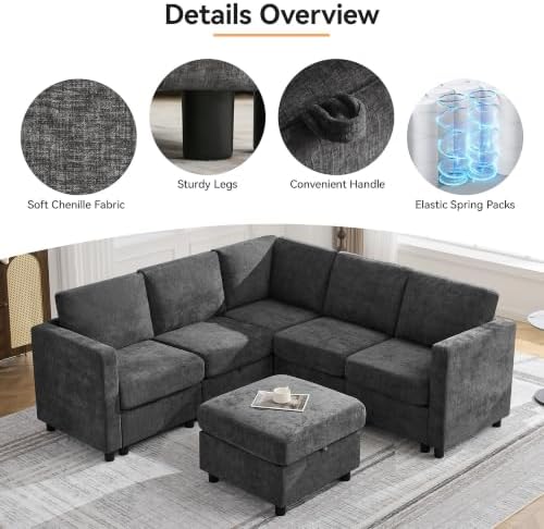 81'' V Shaped Modular Sofa, Storage Sectional Living Room Couch, Dark Grey - Image 4