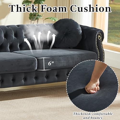 2 Pieces Black Velvet Chesterfield 82" 3-Seater Sofa Sets - Image 3