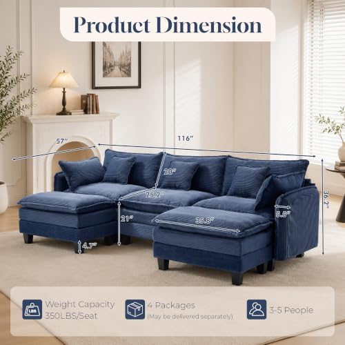 Corduroy Cloud Couch Modular Sectional Sofa, Oversized Deep Seat Modern - Image 2