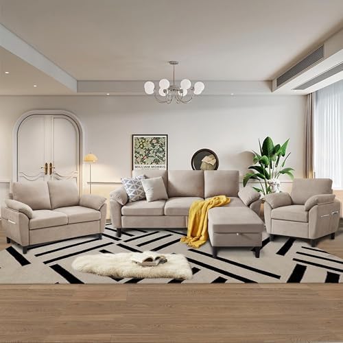 4 Piece Convertible Sectional Sofa Set, Modern Linen Small L Shaped Couch by Chireca