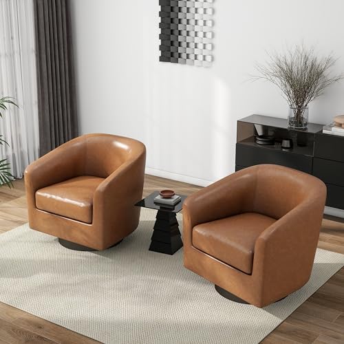 Pia Ricco Set of 4 Faux Leather 360° Swivel Barrel Accent Chair Brown - Image 7