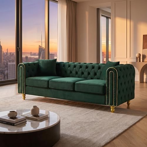 86" Chesterfield 3-Seater Velvet Sofa Couch, Button Tufted Rolled Arms - Image 7