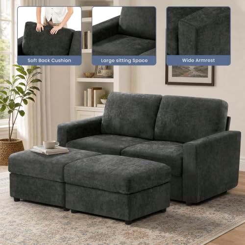 69” Chenille Loveseat Couch W/Two Movable Ottoman - Image 3
