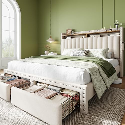 EnHomee Queen Bed Frame with 2 Drawers & 2-Tier Storage Headboard Shelf by EnHomee